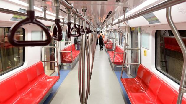 New Delhi, India - July 27, 2018: New colour-coded seats inside newly constructed pink line metro which will be operating from the Durgabai Deshmukh south campus to Lajpat nagar (Pink Line) section, parked at Lajpat Nagar station, in New Delhi, India, on Friday, July 27, 2018. (Photo by Mohd Zakir / Hindustan Times) (Mohd Zakir/HT PHOTO) New Delhi, India - July 27, 2018: New colour-coded seats inside newly constructed pink line metro which will be operating from the Durgabai Deshmukh south campus to Lajpat nagar (Pink Line) section, parked at Lajpat Nagar station, in New Delhi, India, on Friday, July 27, 2018. (Photo by Mohd Zakir / Hindustan Times) (Mohd Zakir/HT PHOTO)
