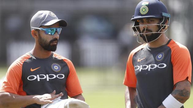 India's Virat Kohli, right talks to his vice captain and teammate Ajinkya Rahane during a training session at Lord's Cricket ground in London, Wednesday, Aug. 8, 2018. England will play India in the second of a 5 cricket test match series starting Thursday. (AP)