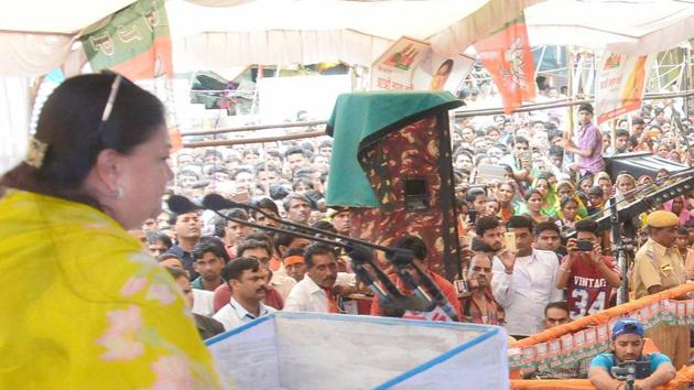 Chief minister Vasundhara Raje, who is on a 40-day pre-poll tour, speaks at a public meeting in Pratapgarh district. (HT Photo) Chief minister Vasundhara Raje, who is on a 40-day pre-poll tour, speaks at a public meeting in Pratapgarh district. (HT Photo)