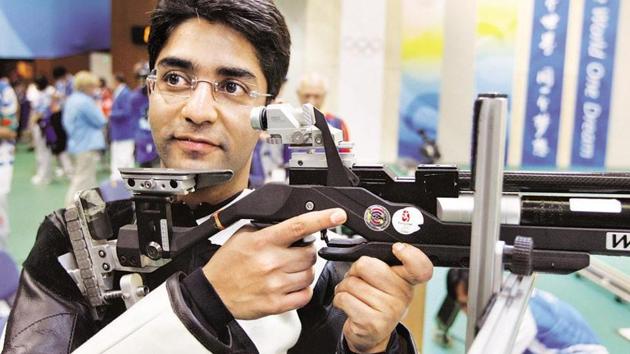 Abhinav Bindra poses for a photo after the men’s 10m air rifle final at Shooting Range Hall at the Beijing 2008 Olympics in Beijing.(AP)