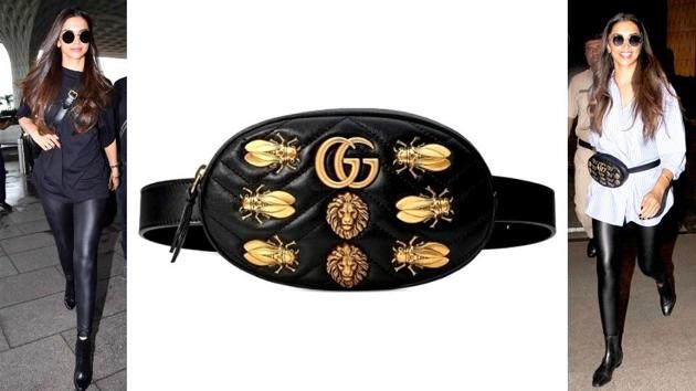 Deepika Padukone loves this leather Gucci fanny pack (priced at $1,890 or <span class='webrupee'>?</span>1.3 lakh) embellished with metal cicadas, moths and lion heads. (Instagram)