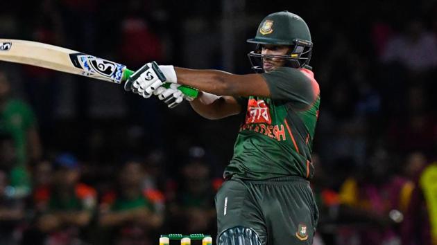 Shakib Al Hasan of Bangladesh hits 4 during the 2nd T20i match between West Indies and Bangladesh at Central Broward Regional Park Stadium in Fort Lauderdale.(AFP)