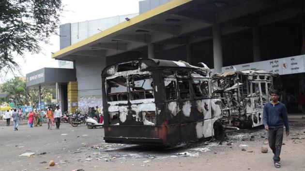 Damaged ST bus at Chakan ST bus stand in Pune on Tuesday. (HT PHOTO) Damaged ST bus at Chakan ST bus stand in Pune on Tuesday. (HT PHOTO)