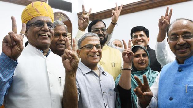 BJP candidate Harivansh Narayan Singh (C) shows victory sign after filling his nomination for the post of Rajya Sabha deputy chairman during Monsoon Session of Parliament, in New Delhi, India, on Tuesday, August 7, 2018.(Vipin Kumar/HT PHOTO) BJP candidate Harivansh Narayan Singh (C) shows victory sign after filling his nomination for the post of Rajya Sabha deputy chairman during Monsoon Session of Parliament, in New Delhi, India, on Tuesday, August 7, 2018.(Vipin Kumar/HT PHOTO)