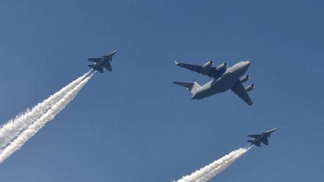 Indian Air Force fighter planes flying past during the Republic day parade rehearsals at Rajpath in New Delhi. Air traffic at the Jodhpur Civil Airport was affected for nearly an hour on Thursday following a fighter aircraft tyre burst, officials said.(Representative Image/PTI Photo)