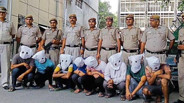 The arrested men are Ola drivers Ashish Chaudhary (29) and Rahul Chauhan (28), Dipanshu Singh (28), Karan (26), a lab technician in Gurugram, Abhishek Sharma (23), a bartender, Manoj Gupta (32), Radhey Shyam (39) and Ajay (37) who works at a cargo clearing company at IGI Airport.(HT Photo) The arrested men are Ola drivers Ashish Chaudhary (29) and Rahul Chauhan (28), Dipanshu Singh (28), Karan (26), a lab technician in Gurugram, Abhishek Sharma (23), a bartender, Manoj Gupta (32), Radhey Shyam (39) and Ajay (37) who works at a cargo clearing company at IGI Airport.(HT Photo)