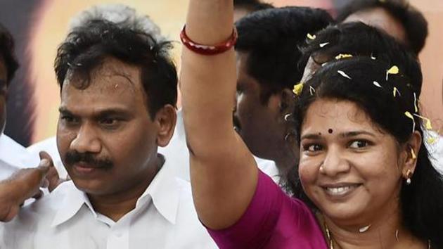 DMK leader and Former Union Minister A Raja and his party colleague and Rajya Sabha MP Kanimozhi.(PTI Photo)