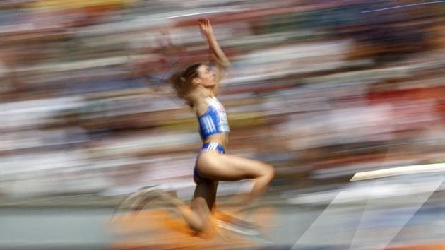 Greece’s Hrisoula Anagnostopoulou makes an attempt in the women’s long jump qualification at the European Athletics Championships at the Olympic stadium in Berlin, Germany. (Mattias Schrader / AP) Greece’s Hrisoula Anagnostopoulou makes an attempt in the women’s long jump qualification at the European Athletics Championships at the Olympic stadium in Berlin, Germany. (Mattias Schrader / AP)