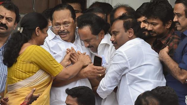 DMK leader MK Stalin breaks down after Madras High Court’s verdict to allow the burial of his father and former chief minister M Karunanidhi at Marina beach in Chennai, Tamil Nadu on August 08, 2018. (R Senthil Kumar / PTI) DMK leader MK Stalin breaks down after Madras High Court’s verdict to allow the burial of his father and former chief minister M Karunanidhi at Marina beach in Chennai, Tamil Nadu on August 08, 2018. (R Senthil Kumar / PTI)