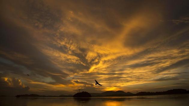 A bird flies over the river Brahmaputra at sunset in Guwahati, Assam on August 5, 2018. (Anupam Nath / AP) A bird flies over the river Brahmaputra at sunset in Guwahati, Assam on August 5, 2018. (Anupam Nath / AP)