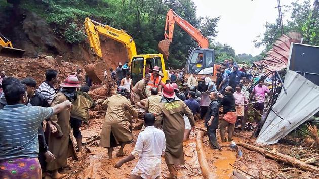 Rescue operations seen carried out following a landslide, triggered by heavy rains at Adimali, in Idukki, Kerala on August 09, 2018. (PTI) Rescue operations seen carried out following a landslide, triggered by heavy rains at Adimali, in Idukki, Kerala on August 09, 2018. (PTI)