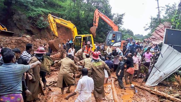 Rescue operations being carried out following a landslide, triggered by heavy rains at Adimali, in Idukki, Kerala (PTI) Rescue operations being carried out following a landslide, triggered by heavy rains at Adimali, in Idukki, Kerala (PTI)