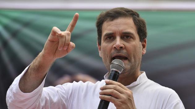 Congress president Rahul Gandhi addresses a crowd at Sansad Marg, in New Delhi. (Anushree Fadnavis/HT File Photo) Congress president Rahul Gandhi addresses a crowd at Sansad Marg, in New Delhi. (Anushree Fadnavis/HT File Photo)