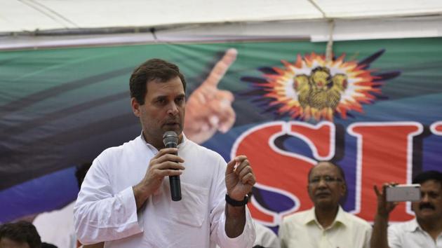 Congress president Rahul Gandhi addresses the crowd at a protest organised at Sansad Marg in New Delhi , on Thursday. (HT photo) Congress president Rahul Gandhi addresses the crowd at a protest organised at Sansad Marg in New Delhi , on Thursday. (HT photo)