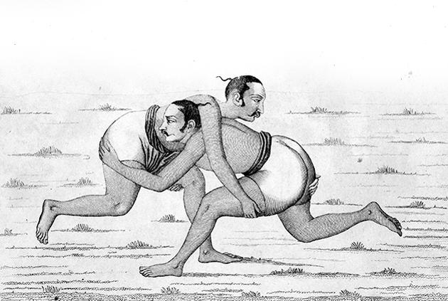 Wrestlers, India, engraving by Lemaitre after a manuscript from Inde, by Dubois De Jancigny and Xavier Raymond, L'Univers pittoresque, published by Firmin Didot Freres, Paris, 1845. (DeA / Biblioteca Ambrosiana/Getty Images) Wrestlers, India, engraving by Lemaitre after a manuscript from Inde, by Dubois De Jancigny and Xavier Raymond, L'Univers pittoresque, published by Firmin Didot Freres, Paris, 1845. (DeA / Biblioteca Ambrosiana/Getty Images)