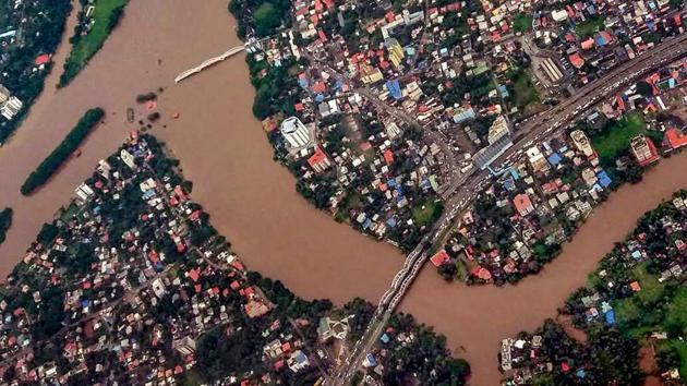 An aerial view of the floods in Aluva after heavy rains, in Kerala.(PTI Photo)