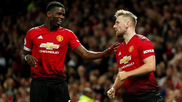 Manchester United's Luke Shaw celebrates scoring their second goal vs. Leicester City with Paul Pogba.(Reuters)