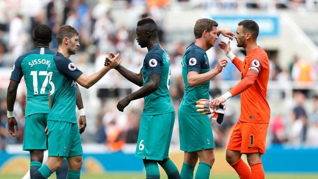 Tottenham players celebrate after the match against Newcastle United.(Action Images via Reuters)