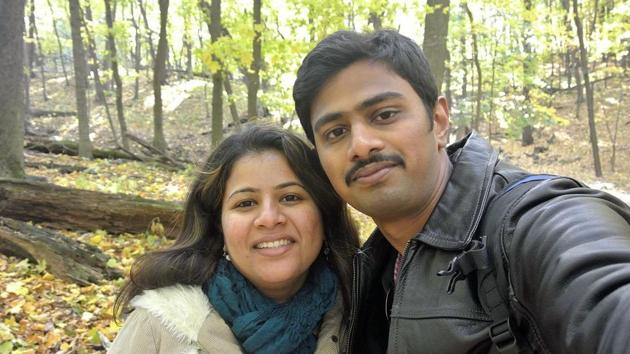 In this undated photo provided by Kranti Shalia, Srinivas Kuchibhotla, right, poses for photo with his wife Sunayana Dumala in Cedar Rapids, Iowa.(AP)