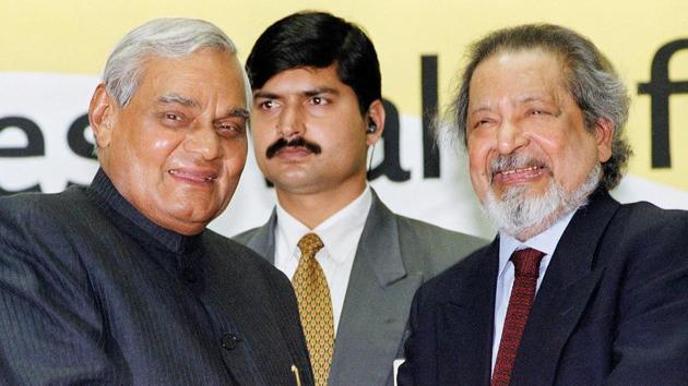 Former Prime Minister Atal Behari Vajpayee (L) poses with Naipaul in New Delhi during the inauguration of the first-ever International Festival for Indian Literature, organized to celebrate the impact of literary writing by Indians on the world literary scene. Naipaul prided himself on his candour, but he had a long history of offensive remarks. His nonfiction often provoked much anger, and many were offended by his views on Islam and India. (Tekee Tanwar / AFP File) 