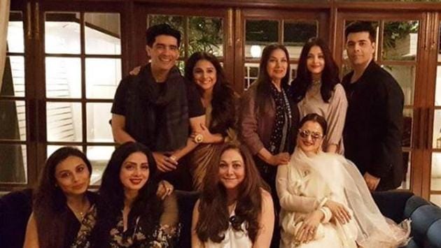 Sridevi poses for a perfect photo with Rani Mukerji, Tina Ambani, Rekha, Karan Johar, Aishwarya Rai, Shabana Azmi, Vidya Balan and Manish Malhotra. (Instagram) 