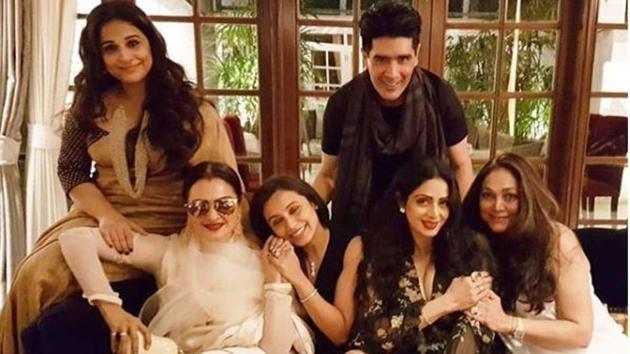 Vidya Balan, Rekha, Sridevi Tina Ambani and Manish Malhotra click a picture with a blissful Rani Mukerji. (Instagram) 