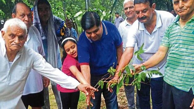 Residents of Sector 50 and Noida Authority staff at a plantation drive in B Block on Sunday. (HT Photo) Residents of Sector 50 and Noida Authority staff at a plantation drive in B Block on Sunday. (HT Photo)