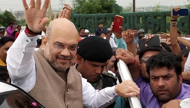 BJP president Amit Shah said various political parties, depending on the likely date of elections, decide on “short-sighted” and “populist” policies which affects governance, while the imposition of the model code of conduct before every election leads to a stop on policy decisions and development activities.(PTI)