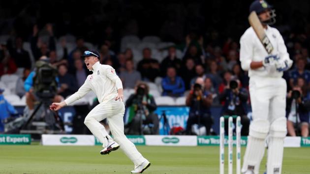 Ollie Pope celebrates taking a catch to win the test. (Action Images via Reuters)