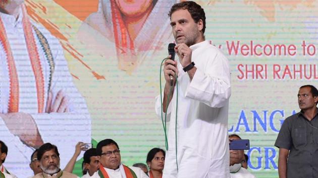 Congress president Rahul Gandhi accused Telangana chief minister K Chandrasekhar Rao of surrendering to the Modi government although the latter had “failed” to fulfil the promises made in the Andhra Pradesh bifurcation act. (PTI photo) Congress president Rahul Gandhi accused Telangana chief minister K Chandrasekhar Rao of surrendering to the Modi government although the latter had “failed” to fulfil the promises made in the Andhra Pradesh bifurcation act. (PTI photo)