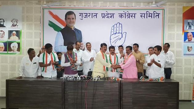 Former BJP MLA Shamji Chauhan and former Rajkot mayor Ashok Dangar joined the Congress Tuesday, saying “injustice” is being meted out to the Other Backward Class (OBC) communities under the BJP rule in Gujarat. (Amit Chavda/Twitter) Former BJP MLA Shamji Chauhan and former Rajkot mayor Ashok Dangar joined the Congress Tuesday, saying “injustice” is being meted out to the Other Backward Class (OBC) communities under the BJP rule in Gujarat. (Amit Chavda/Twitter)