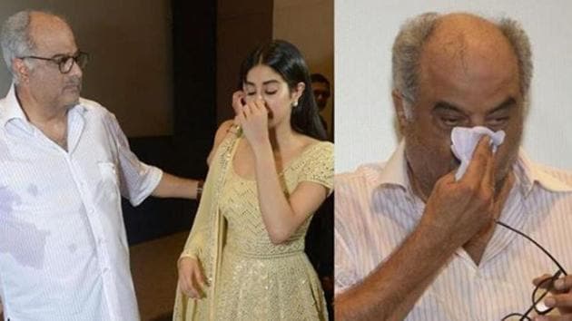 Janhvi Kapoor and Boney Kapoor at an event to mark Sridevi’s 55th birth anniversary.