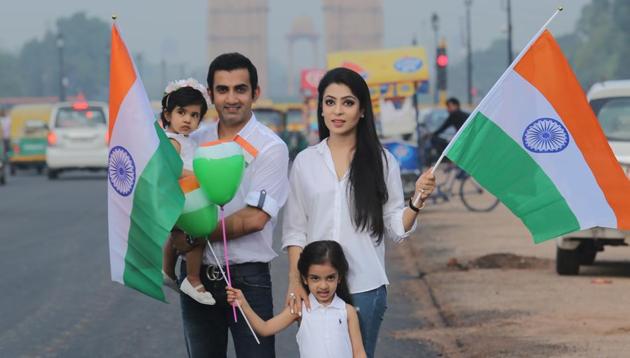 Cricketer Gautam Gambhir with wife Natasha, and daughters(Photo: Manoj Verma/HT)