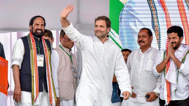 AICC president Rahul Gandhi waves at his supporters during a public meeting at Sarooragar Stadium ground, near Hyderabad on Tuesday. (PTI Photo) AICC president Rahul Gandhi waves at his supporters during a public meeting at Sarooragar Stadium ground, near Hyderabad on Tuesday. (PTI Photo)
