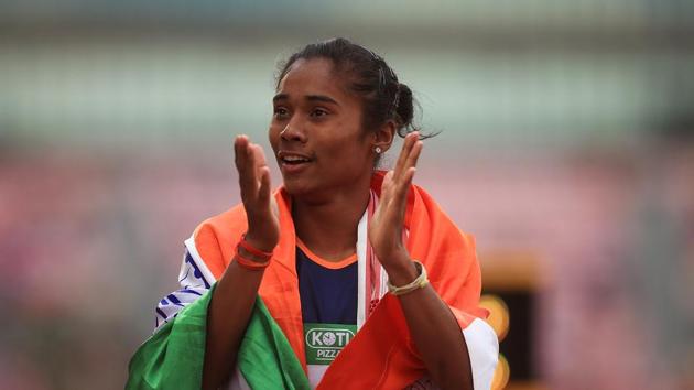 Hima Das of India celebrates winning gold in the final of the women's 400m on day three of The IAAF World U20 Championships 2018 in Tampere, Finland(Getty Images for IAAF)