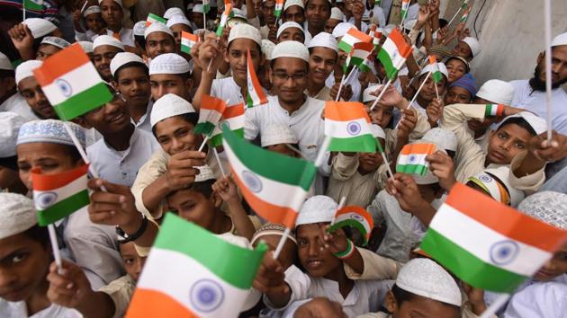 File photo of students of a madarsa in Noida celebrating Independence Day last year. (Virendra Singh Gosain/HT PHOTO) File photo of students of a madarsa in Noida celebrating Independence Day last year. (Virendra Singh Gosain/HT PHOTO)