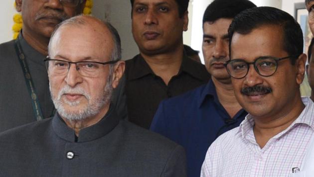 Lieutenant governor Anil Baijal with Delhi chief minister Arvind Kejriwal at a recent event in the national capital.(Raj K Raj/HT File)