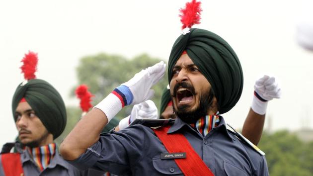 NCC Cadets take part during the full dress rehearsal at YPS Stadium in Patiala. (Bharat Bhushan/HT)