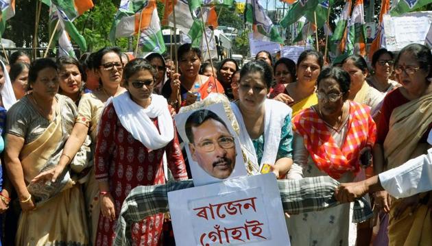 Members of Assam Pradesh Mahila Congress Committee, led by MP Sushmita Dev stage a protest against Union Minister of State for Railways Rajen Gohain for allegedly raping and threatening a 24-year-old married woman in Nagaon district in Guwahati. (PTI) Members of Assam Pradesh Mahila Congress Committee, led by MP Sushmita Dev stage a protest against Union Minister of State for Railways Rajen Gohain for allegedly raping and threatening a 24-year-old married woman in Nagaon district in Guwahati. (PTI)