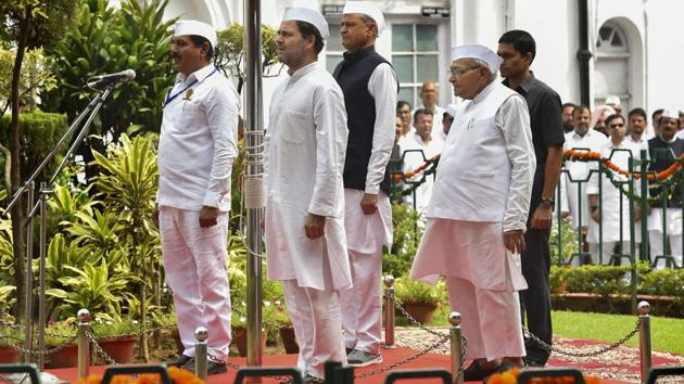 Congress president Rahul Gandhi at the flag hoisting ceremony at AICC headquarters in New Delhi on Wednesday. (PTI) Congress president Rahul Gandhi at the flag hoisting ceremony at AICC headquarters in New Delhi on Wednesday. (PTI)