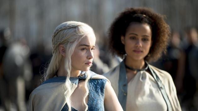 Nathalie Emmanuel and Emilia Clarke in a still from Game of Thrones.