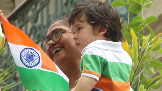Taimur Ali Khan and his nanny, out on Independence Day.(Viral Bhayani)