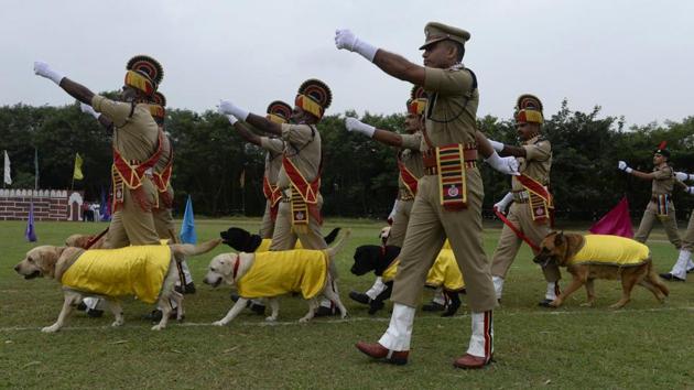 The Indian Railway Protection Force’s (RPF) dog squad personnel march during Independence Day celebrations in Secunderabad, the twin city of Hyderabad. (Noah Seelam / AFP)