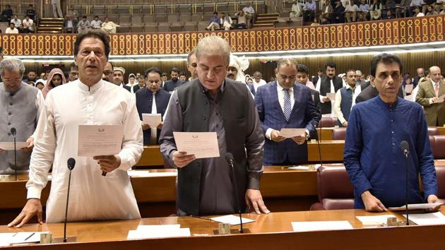 Pakistan's cricketer-turned politician and head of the Pakistan Tehreek-e-Insaf (Movement for Justice) party Imran Khan, Shah Mahmood Qureshi, Khalid Maqbool , Sardar Akhtar Mengal and others taking the oath as Members of Parliament during the first session of the Parliament in Islamabad following general election.(AFP/ Pakistan National Assembly) Pakistan's cricketer-turned politician and head of the Pakistan Tehreek-e-Insaf (Movement for Justice) party Imran Khan, Shah Mahmood Qureshi, Khalid Maqbool , Sardar Akhtar Mengal and others taking the oath as Members of Parliament during the first session of the Parliament in Islamabad following general election.(AFP/ Pakistan National Assembly)