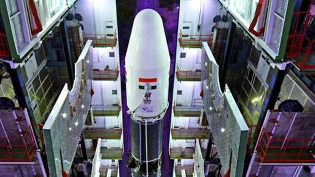 A view of fully integrated GSLV-F08 inside the Vehicle Assembly Building at Sriharikota.(PTI File Photo)
