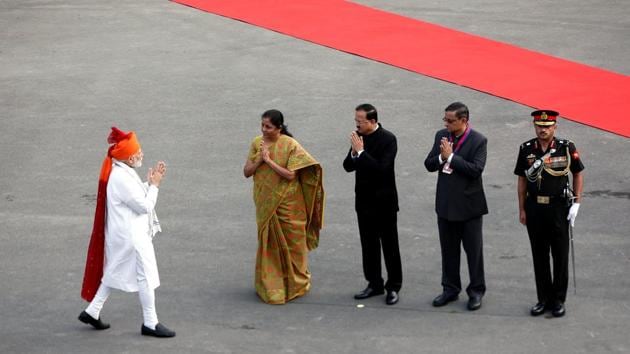 Prime Minister Modi is welcomed by Defence Minister Nirmala Sitharaman as he arrives to address the nation. “India’s voice is being heard effectively at the world stage. We are integral parts of forums whose doors were earlier closed for us,” he said. (Adnan Abidi / REUTERS) Prime Minister Modi is welcomed by Defence Minister Nirmala Sitharaman as he arrives to address the nation. “India’s voice is being heard effectively at the world stage. We are integral parts of forums whose doors were earlier closed for us,” he said. (Adnan Abidi / REUTERS)