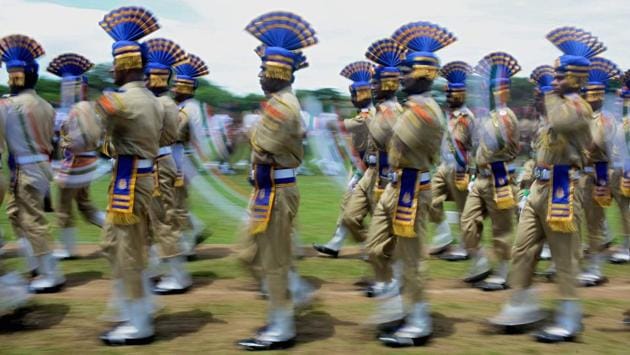 Indian paramilitary force personnel march past during the Independence Day celebrations in Agartala, the capital of northeastern state of Tripura. (Arindam Dey / AFP)