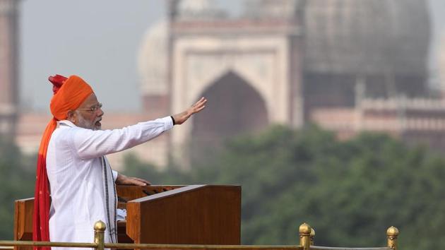 Prime Minister Narendra Modi gestures while delivering his Independence Day speech at the Red Fort in New Delhi on August 15. (AFP Photo) Prime Minister Narendra Modi gestures while delivering his Independence Day speech at the Red Fort in New Delhi on August 15. (AFP Photo)