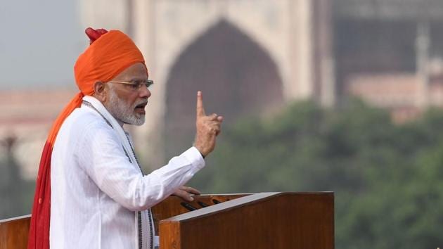 Prime Minister Narendra Modi gestures while delivering his speech as part of India's 72nd Independence Day celebrations at the Red Fort in New Delhi on August 15, 2018. (AFP) Prime Minister Narendra Modi gestures while delivering his speech as part of India's 72nd Independence Day celebrations at the Red Fort in New Delhi on August 15, 2018. (AFP)