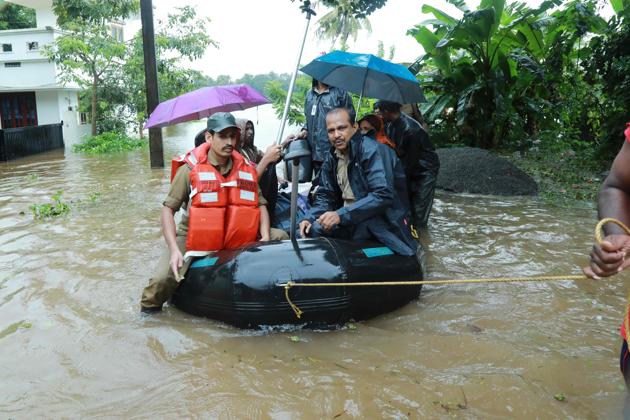 Fire and Rescue personnel evacuate local residents in an inflatable boat from a flooded area at Muppathadam near Eloor in Ernakulam district, Kerala. The death toll has risen to 40 and the operations of the Kochi airport have also been suspended till Saturday. (AFP) Fire and Rescue personnel evacuate local residents in an inflatable boat from a flooded area at Muppathadam near Eloor in Ernakulam district, Kerala. The death toll has risen to 40 and the operations of the Kochi airport have also been suspended till Saturday. (AFP)